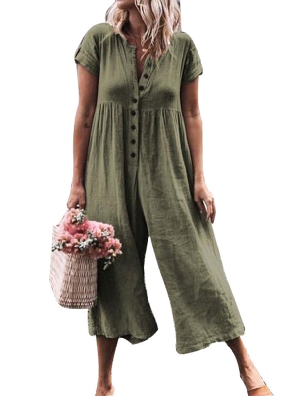 Jumpsuit- Textured Cotton Button Down Wide-Leg Culotte Jumpsuit- Olive green- IndioGear Fashion and Gear