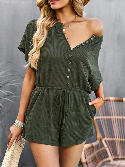 Jumpsuit- Waffle Waist Tie Romper Jumpsuit- Green- IndioGear Fashion and Gear