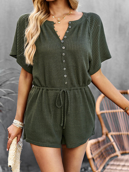 Jumpsuit- Waffle Waist Tie Romper Jumpsuit- - IndioGear Fashion and Gear