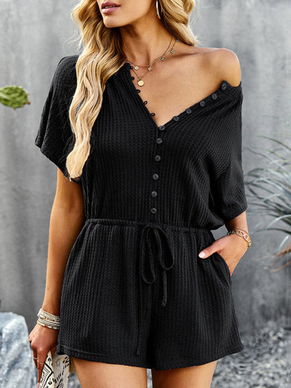 Jumpsuit- Waffle Waist Tie Romper Jumpsuit- - IndioGear Fashion and Gear