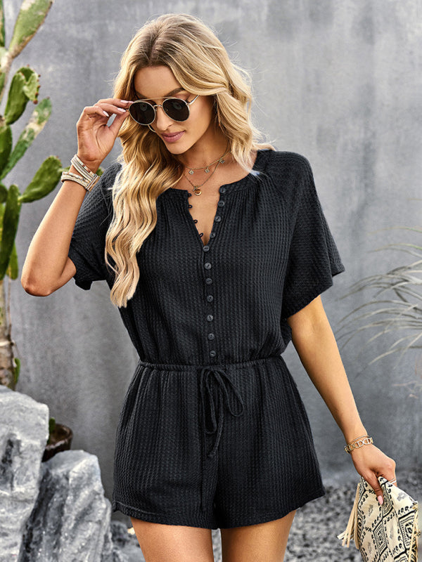 Jumpsuit- Waffle Waist Tie Romper Jumpsuit- - IndioGear Fashion and Gear