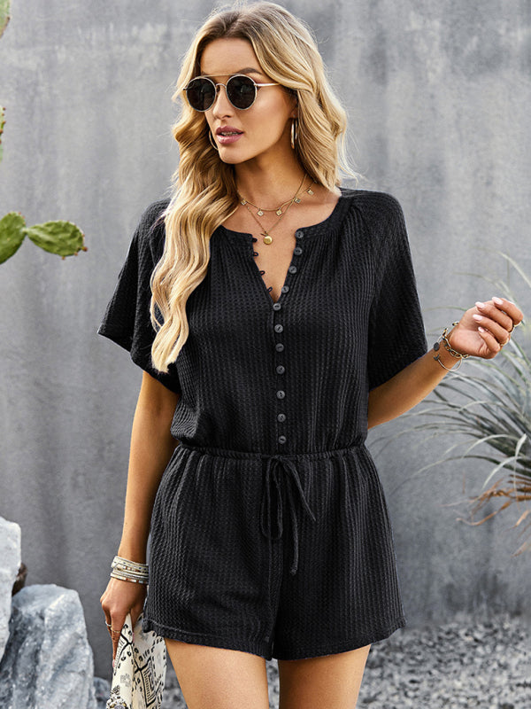 Jumpsuit- Waffle Waist Tie Romper Jumpsuit- Black- IndioGear Fashion and Gear