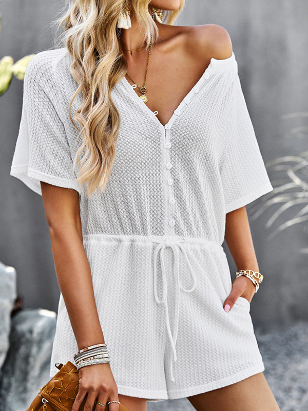 Jumpsuit- Waffle Waist Tie Romper Jumpsuit- - IndioGear Fashion and Gear