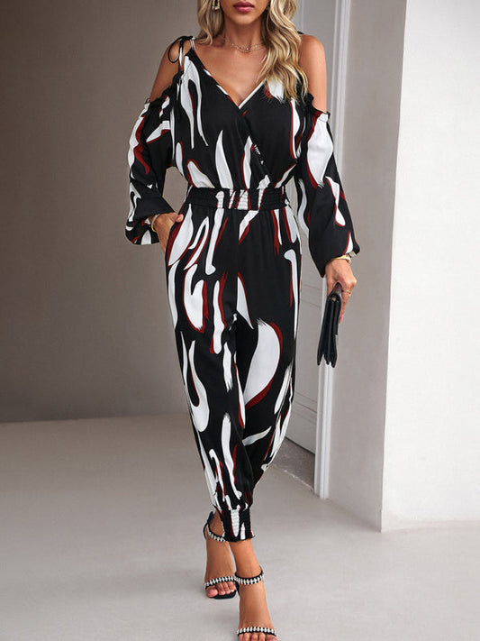 Jumpsuits- Abstract Print Cold Shoulders Long Sleeve Jumpsuit Pantsuit- Black- IndioGear Fashion and Gear