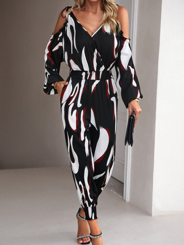 Jumpsuits- Abstract Print Cold Shoulders Long Sleeve Jumpsuit Pantsuit- - IndioGear Fashion and Gear