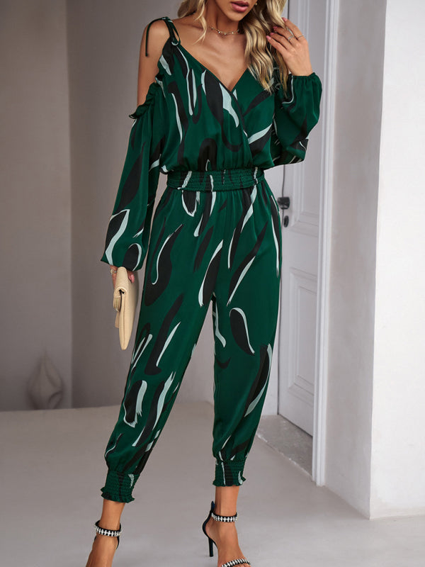 Jumpsuits- Abstract Print Cold Shoulders Long Sleeve Jumpsuit Pantsuit- - IndioGear Fashion and Gear