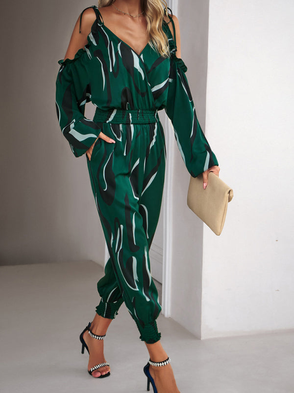 Jumpsuits- Abstract Print Cold Shoulders Long Sleeve Jumpsuit Pantsuit- - IndioGear Fashion and Gear