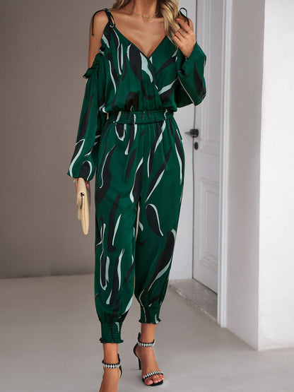 Jumpsuits- Abstract Print Cold Shoulders Long Sleeve Jumpsuit Pantsuit- - IndioGear Fashion and Gear