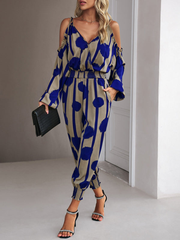 Jumpsuits- Abstract Print Cold Shoulders Long Sleeve Jumpsuit Pantsuit- - IndioGear Fashion and Gear