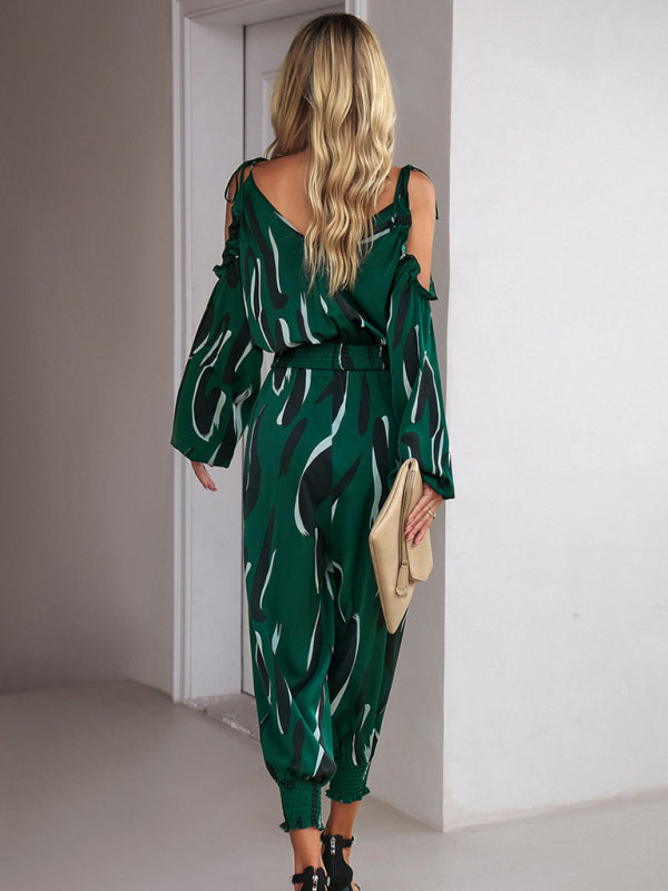 Jumpsuits- Abstract Print Cold Shoulders Long Sleeve Jumpsuit Pantsuit- - IndioGear Fashion and Gear