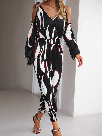 Jumpsuits- Abstract Print Cold Shoulders Long Sleeve Jumpsuit Pantsuit- - IndioGear Fashion and Gear