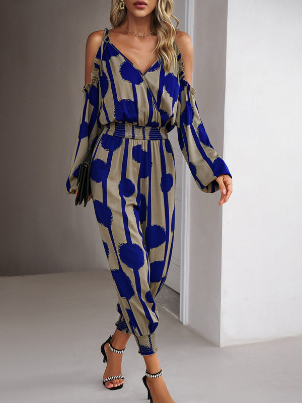 Jumpsuits- Abstract Print Cold Shoulders Long Sleeve Jumpsuit Pantsuit- Champlain color- IndioGear Fashion and Gear