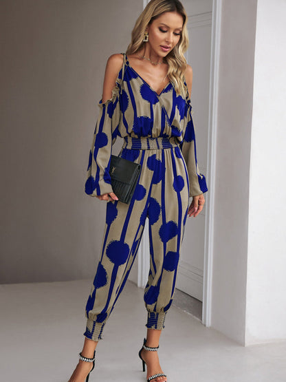 Jumpsuits- Abstract Print Cold Shoulders Long Sleeve Jumpsuit Pantsuit- - IndioGear Fashion and Gear