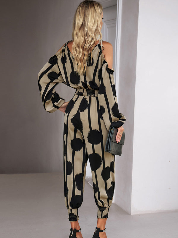 Jumpsuits- Abstract Print Cold Shoulders Long Sleeve Jumpsuit Pantsuit- - IndioGear Fashion and Gear