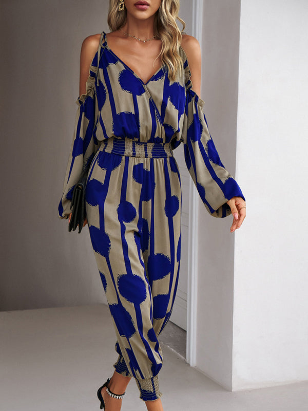 Jumpsuits- Abstract Print Cold Shoulders Long Sleeve Jumpsuit Pantsuit- - IndioGear Fashion and Gear