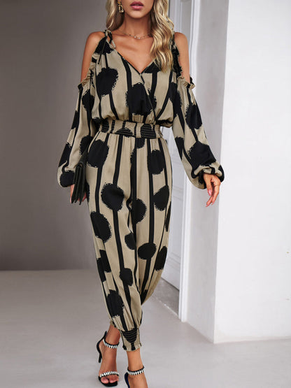 Jumpsuits- Abstract Print Cold Shoulders Long Sleeve Jumpsuit Pantsuit- - IndioGear Fashion and Gear