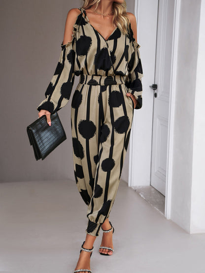 Jumpsuits- Abstract Print Cold Shoulders Long Sleeve Jumpsuit Pantsuit- - IndioGear Fashion and Gear