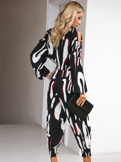 Jumpsuits- Abstract Print Cold Shoulders Long Sleeve Jumpsuit Pantsuit- - IndioGear Fashion and Gear