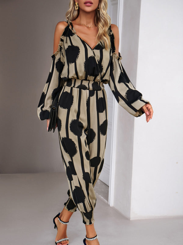 Jumpsuits- Abstract Print Cold Shoulders Long Sleeve Jumpsuit Pantsuit- - IndioGear Fashion and Gear