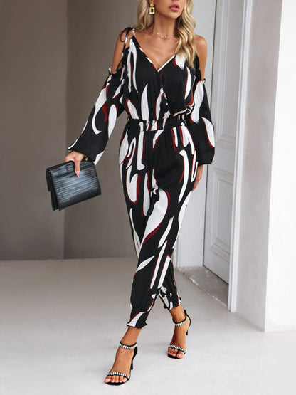 Jumpsuits- Abstract Print Cold Shoulders Long Sleeve Jumpsuit Pantsuit- - IndioGear Fashion and Gear