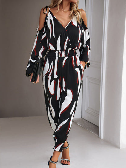 Jumpsuits- Abstract Print Cold Shoulders Long Sleeve Jumpsuit Pantsuit- - IndioGear Fashion and Gear