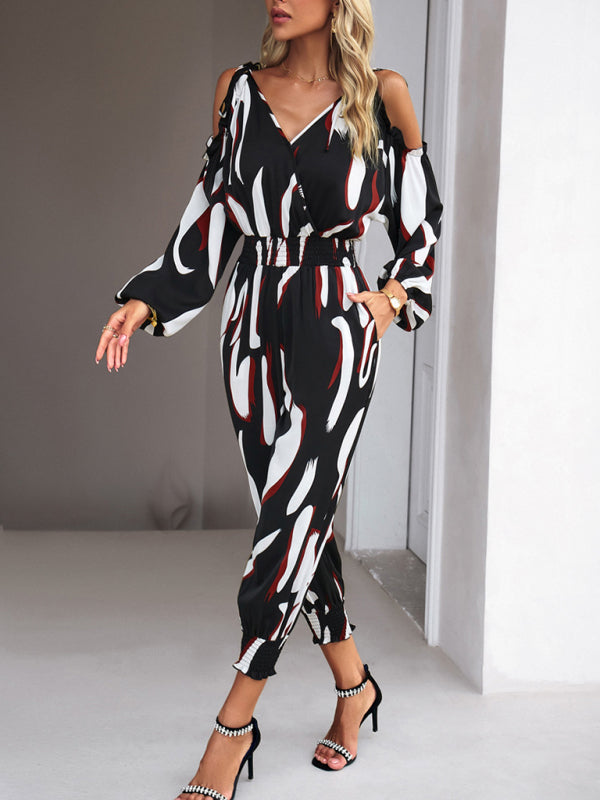 Jumpsuits- Abstract Print Cold Shoulders Long Sleeve Jumpsuit Pantsuit- - IndioGear Fashion and Gear