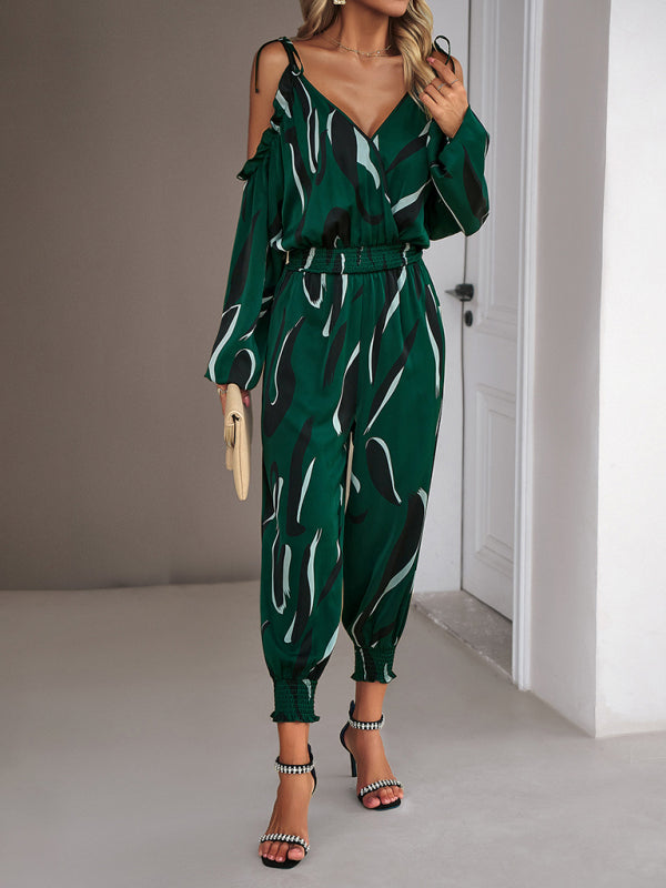 Jumpsuits- Abstract Print Cold Shoulders Long Sleeve Jumpsuit Pantsuit- Green- IndioGear Fashion and Gear