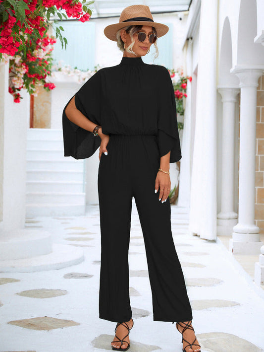 Jumpsuits- All-in-One Outfit: Stand Collar Open Back Jumper - Jumpsuit- Black- IndioGear Fashion and Gear