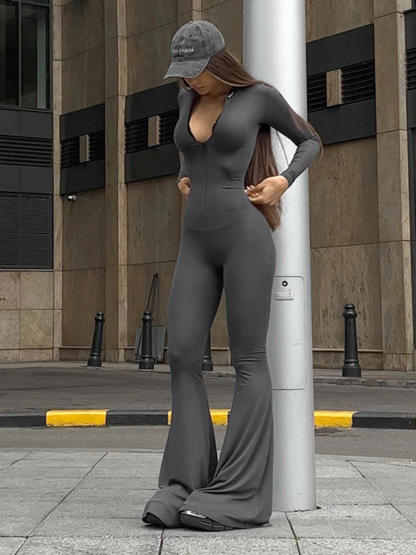 Body-Hugging Solid Jumpsuit with Flared Pants and Long Sleeves