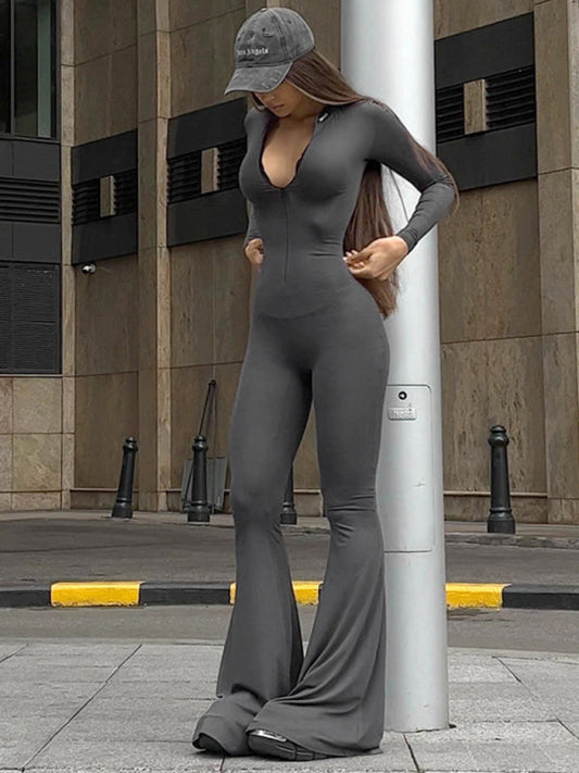 Body-Hugging Solid Jumpsuit with Flared Pants and Long Sleeves