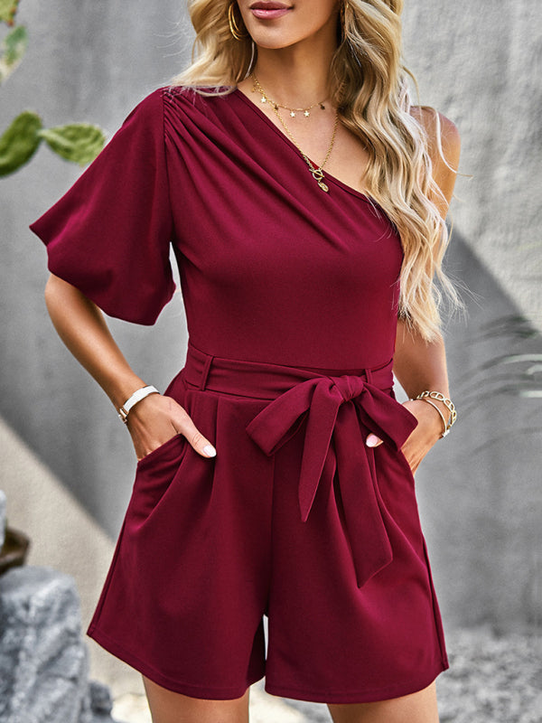 Jumpsuits- Chic and Comfortable One-Shoulder Jumpsuit - Your Perfect Companion for Every Occasion- Wine Red- IndioGear Fashion and Gear