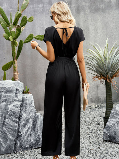 Jumpsuits- Comfy Wide-Leg Bib Overalls - V Neck Jumpsuit with Belt Tie & Pockets- - Pekosa Women Clothing