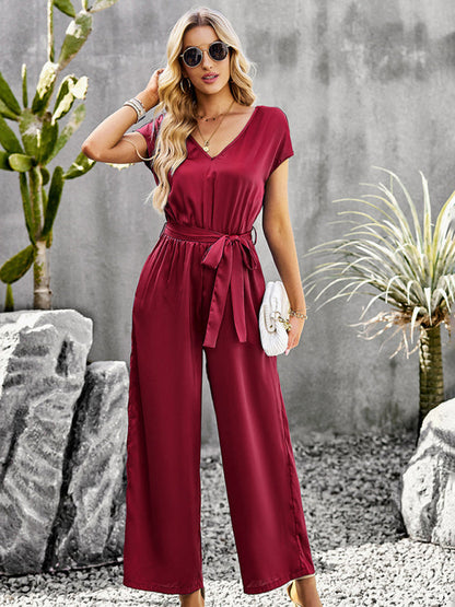 Jumpsuits- Comfy Wide-Leg Bib Overalls - V Neck Jumpsuit with Belt Tie & Pockets- - Pekosa Women Clothing