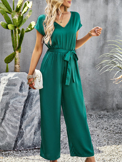 Jumpsuits- Comfy Wide-Leg Bib Overalls - V Neck Jumpsuit with Belt Tie & Pockets- - Pekosa Women Clothing