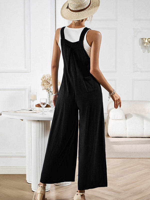 Jumpsuits- Cotton-Linen Pocketed Jumpsuit - Wide Leg Overalls Pantsuits- - IndioGear Fashion and Gear