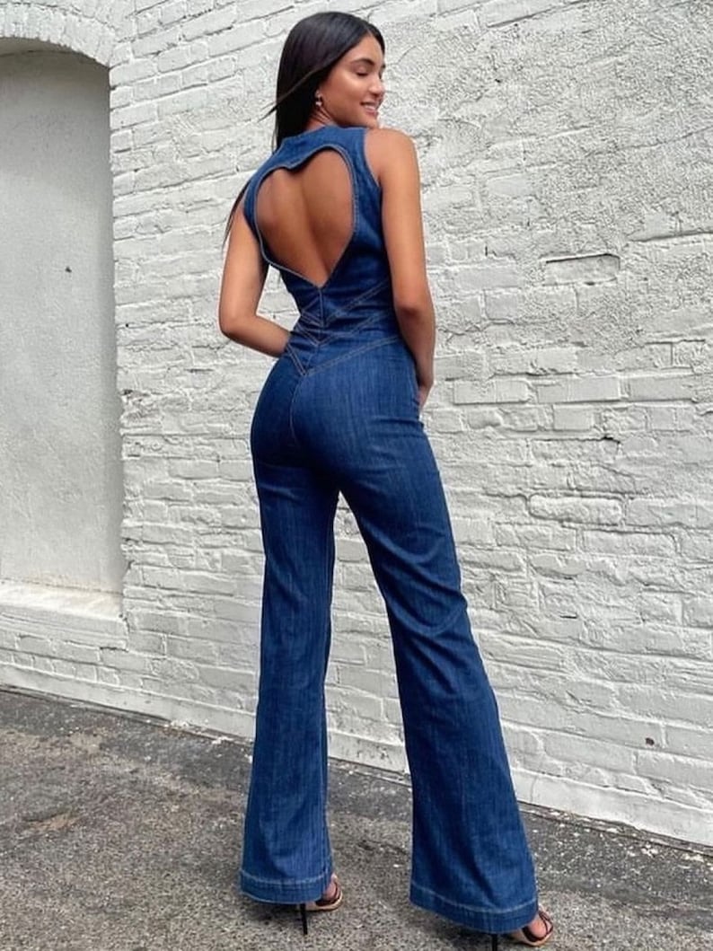 Jumpsuits- Denim Backless Heart Overalls - Palazzo Jumpsuits Pantsuits- - IndioGear Fashion and Gear