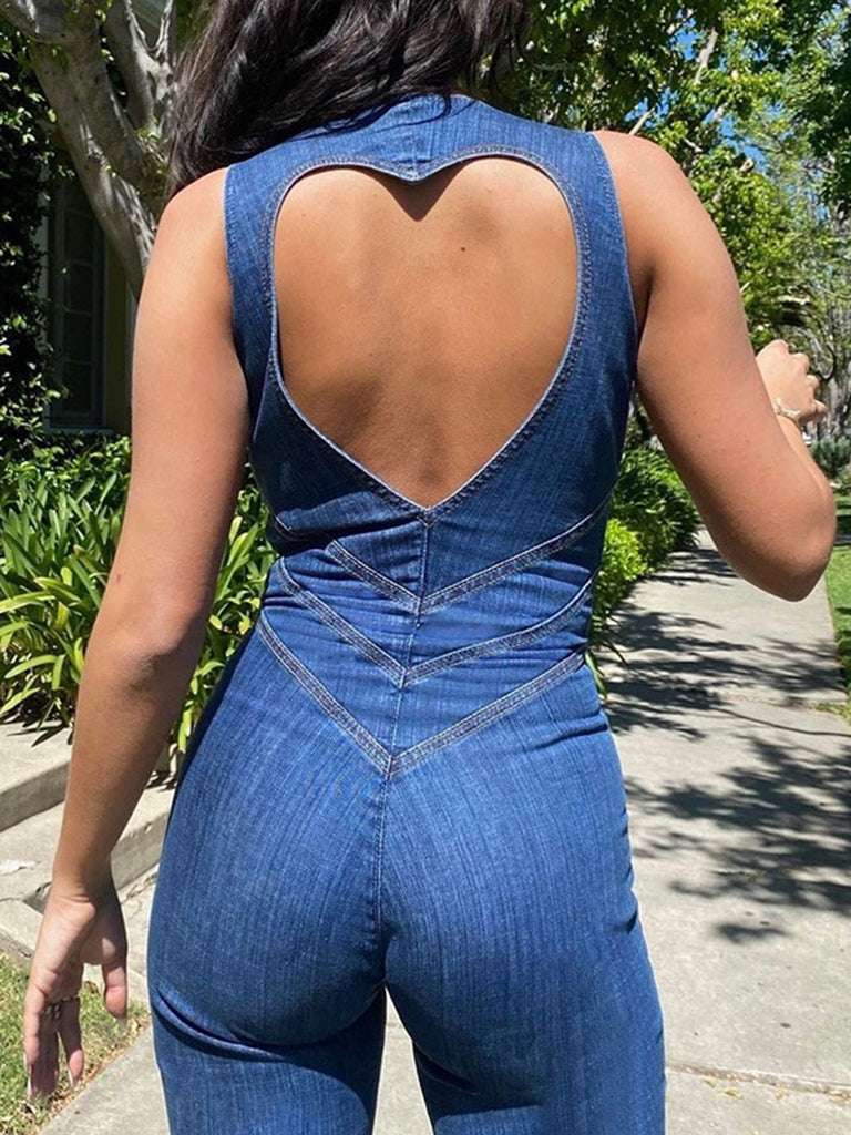 Jumpsuits- Denim Backless Heart Overalls - Palazzo Jumpsuits Pantsuits- - IndioGear Fashion and Gear