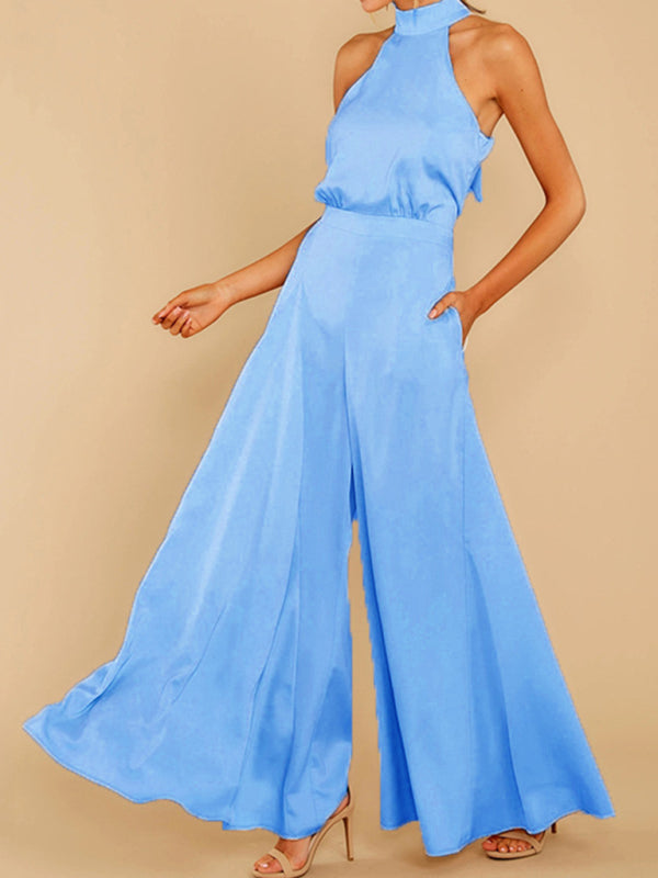 Jumpsuits- Elegant Sleeveless Satin Playsuit | Halterneck & Flared Style Jumpsuit- Blue- IndioGear Fashion and Gear