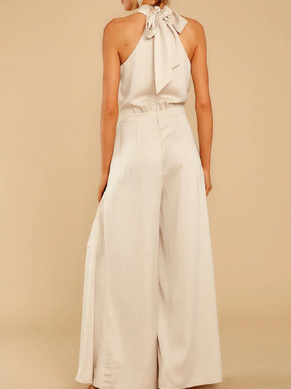 Jumpsuits- Elegant Sleeveless Satin Playsuit | Halterneck & Flared Style Jumpsuit- - IndioGear Fashion and Gear