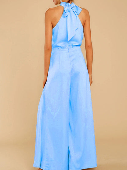 Jumpsuits- Elegant Sleeveless Satin Playsuit | Halterneck & Flared Style Jumpsuit- - IndioGear Fashion and Gear