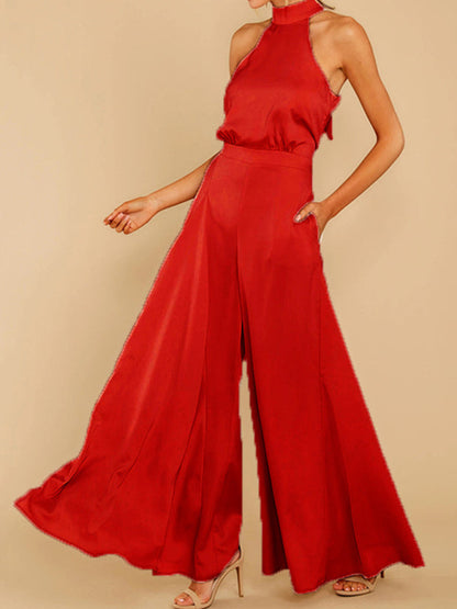 Jumpsuits- Elegant Sleeveless Satin Playsuit | Halterneck & Flared Style Jumpsuit- Red- IndioGear Fashion and Gear