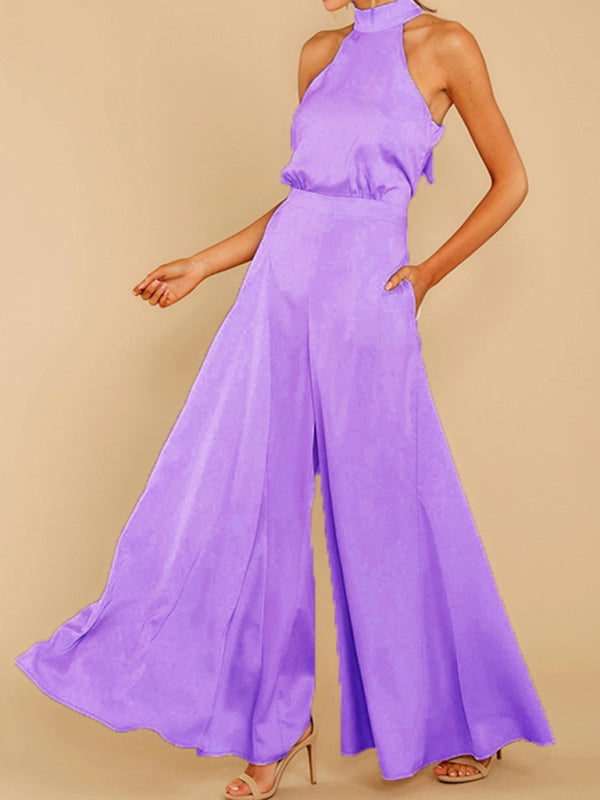 Jumpsuits- Elegant Sleeveless Satin Playsuit | Halterneck & Flared Style Jumpsuit- Purple- IndioGear Fashion and Gear