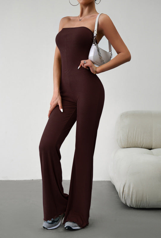 Jumpsuits- Fifted Strapless Jumpsuit - Stretchy Bandeau Overalls Pantsuits- Brown- Pekosa Women Clothing