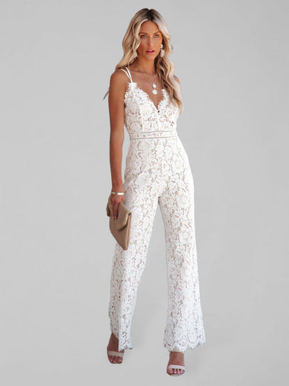 Jumpsuits- Floral Guipuire Lace Jumpsuit - V Neck Pantsuit- White- IndioGear Fashion and Gear