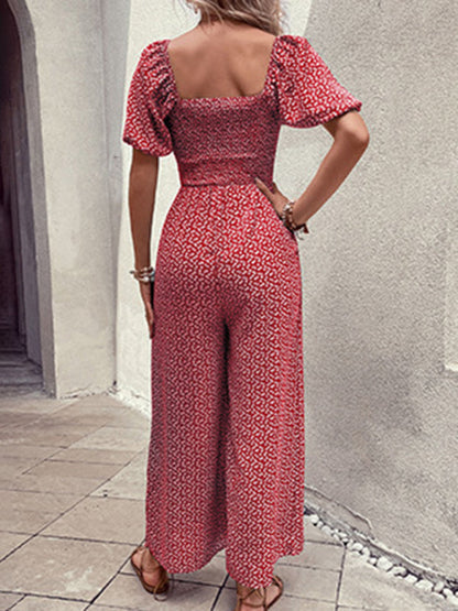 Jumpsuits- Floral Print Jumpsuit - Women's Square Neck Wide-Leg Playsuit with Smocked Bodice- - IndioGear Fashion and Gear