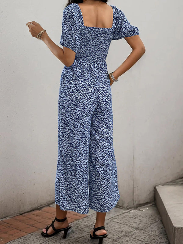 Jumpsuits- Floral Print Jumpsuit - Women's Square Neck Wide-Leg Playsuit with Smocked Bodice- - IndioGear Fashion and Gear