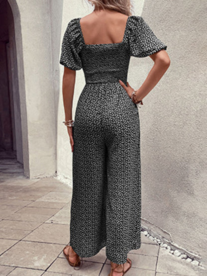 Jumpsuits- Floral Print Jumpsuit - Women's Square Neck Wide-Leg Playsuit with Smocked Bodice- - IndioGear Fashion and Gear