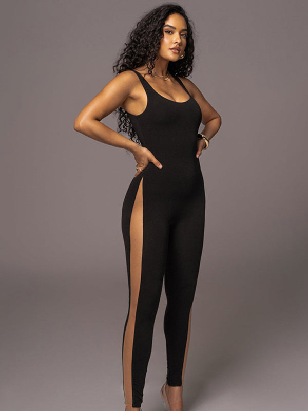 Jumpsuits- Full-Length Mesh Accented Jumpsuit - Solid Sleeveless Playsuit- - IndioGear Fashion and Gear