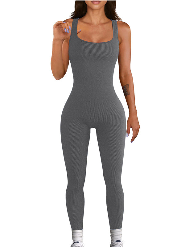 Jumpsuits- Full-Length Sport Playsuit in Solid Ribbed - Sleeveless Tight Jumpsuit- - IndioGear Fashion and Gear