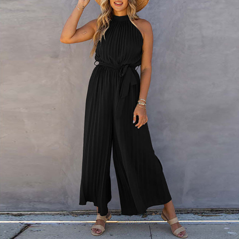 Jumpsuits- Halter High Neck Solid Pleated Belt-Tie Jumpsuit- Black- IndioGear Clothing and Gear